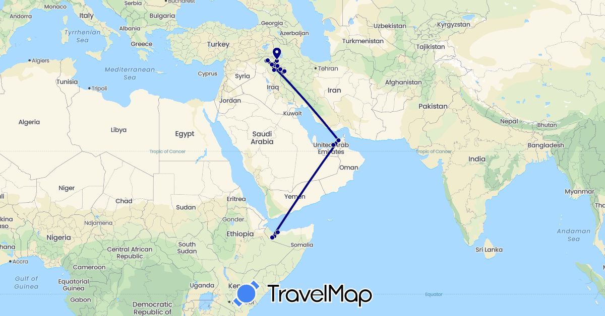 TravelMap itinerary: driving in United Arab Emirates, Iraq, Iran, Somalia (Africa, Asia)